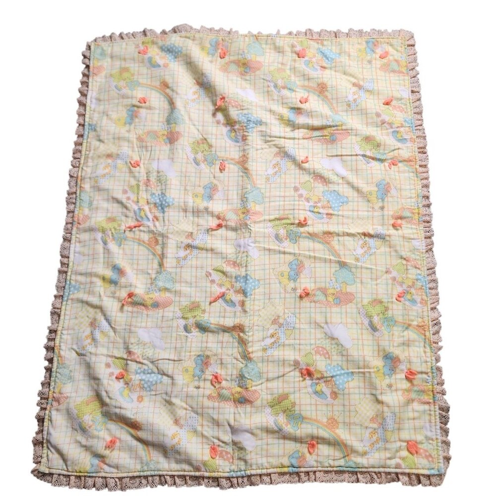 Vintage Handmade Baby Crib Blanket Ducks Bunnies Bears Yellow Plaid Lace Trim